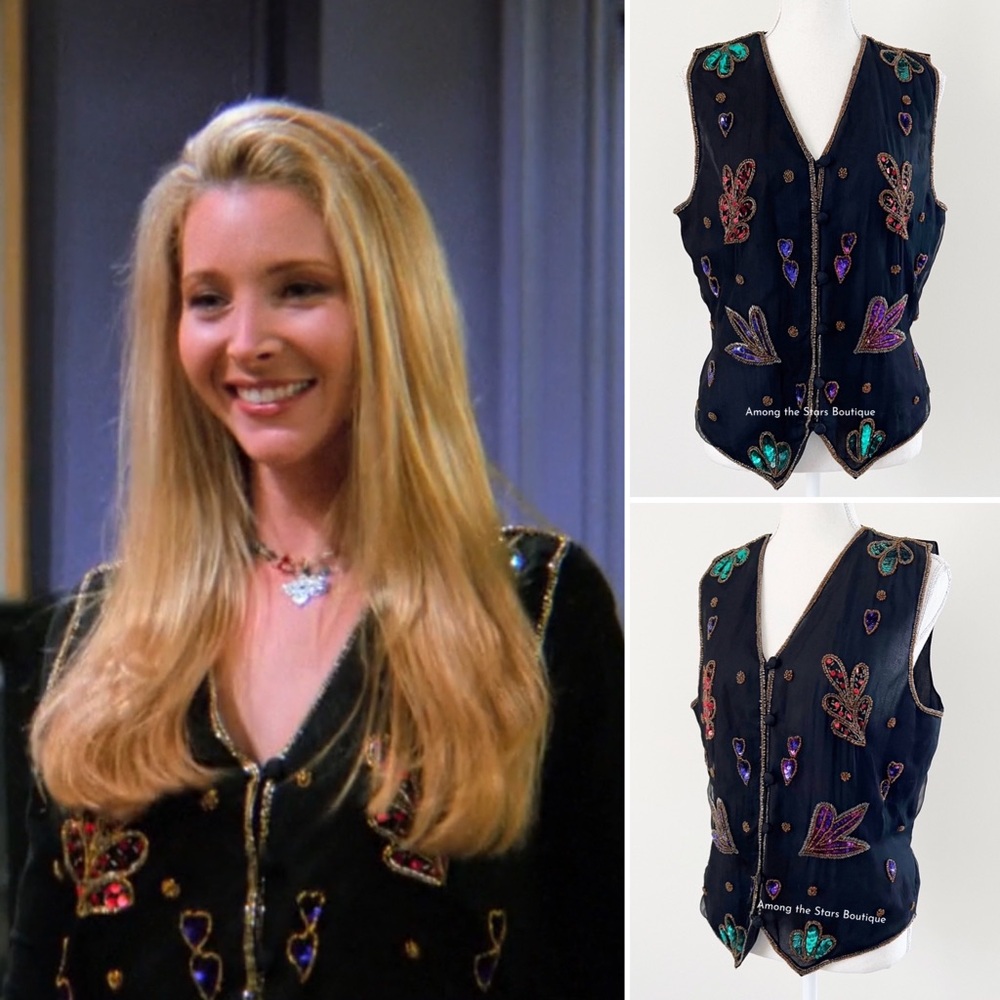 Rare 90s Vintage Embellished Sequin & Beaded Silk Vest ASO Phoebe in Friends - Picture 3 of 14